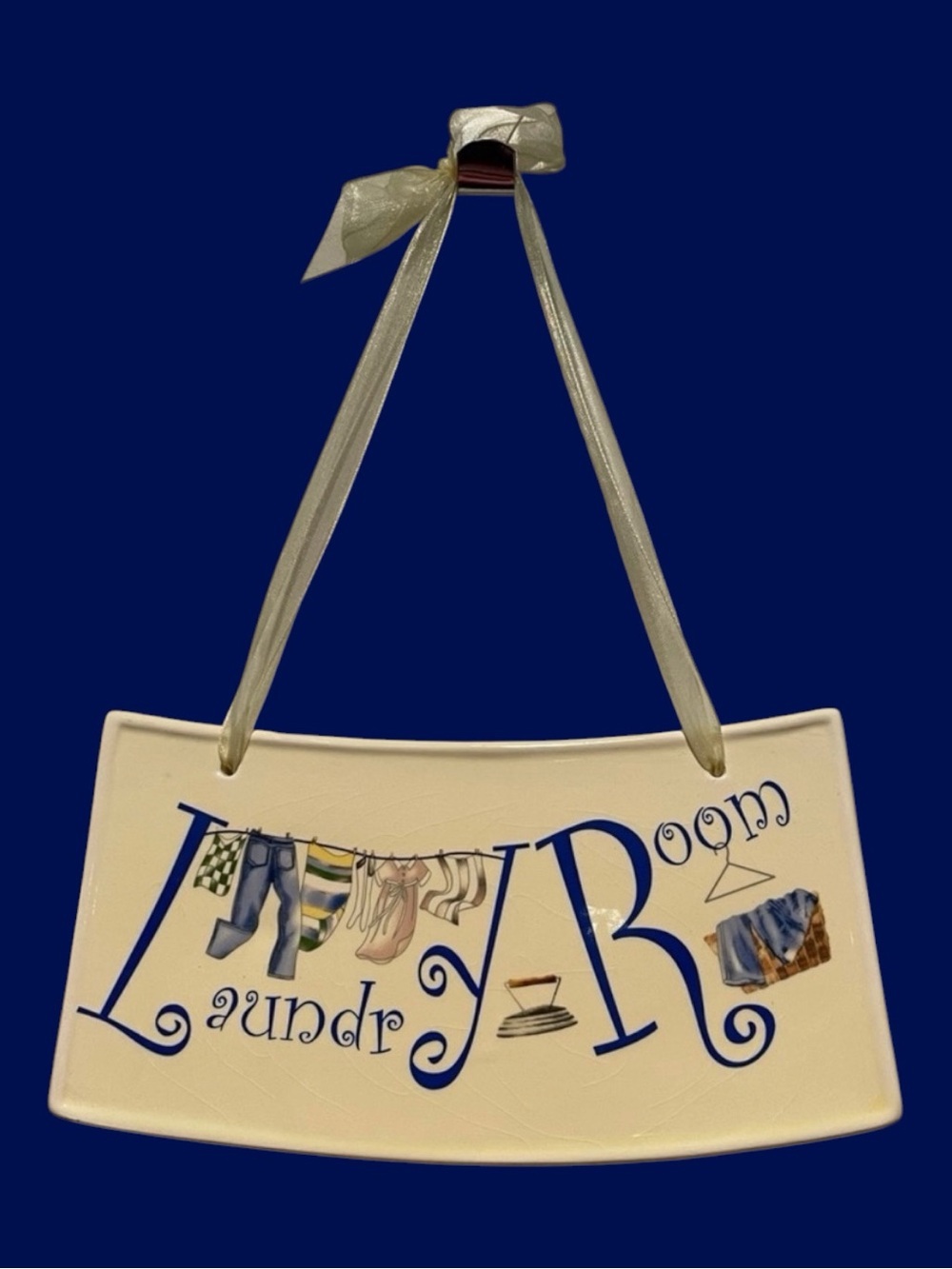 Decorative Ceramic “Laundry Room” Hanging Plaque in blue and cream colors